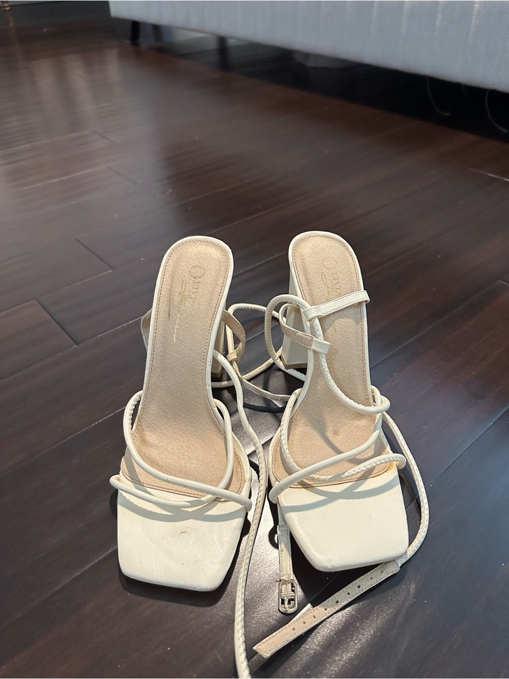 Minimalist Cream Strappy Square-Toe Heels with Lace-Up Detail